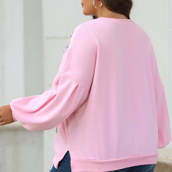 Light Pink Embroidered Bow Lantern Sleeve Oversized Pullover Sweatshirt - Picture 4 of 10